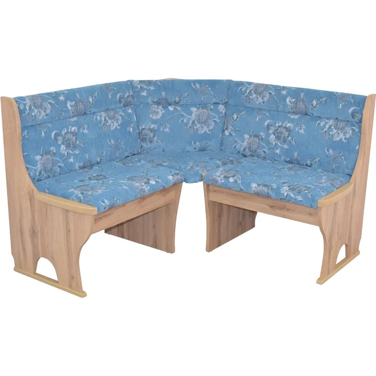 Truheneckbank "Anja 1E" 125x125 cm, Holzdekor Eiche, Stoff blau mit Blumendessin