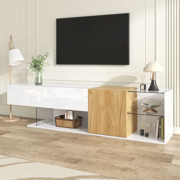 TV-Schrank 180 cm in Weiß Hochglanz mit Holzoptik, Lowboard mit Türen und Glasregalen – Bild 5