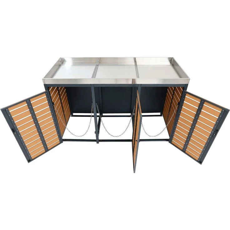 3er Mülltonnenverkleidung HWC-K14, Mülltonnenbox mit Pflanzkasten, 124x200x84cm WPC Edelstahl 107kg ~ Teak-Optik – Bild 7