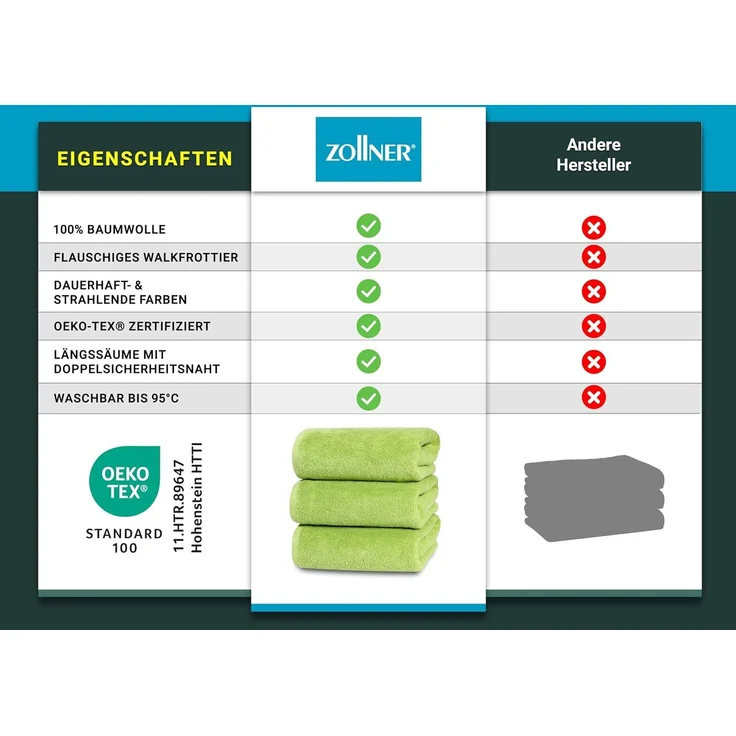 ZOLLNER Duschtücher 3er Set, grün, 70x140 cm, 100% Baumwolle – Bild 6