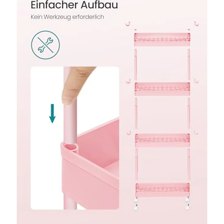 SONGMICS Rollwagen, Küchenwagen mit 4 Ebenen, Küchenregal, Nischenregal, mit 6 Haken, 360° drehbare Räder, Stahlgestell, Bad, Küche, Büro, pastellrosa KSC008R01 – Bild 8