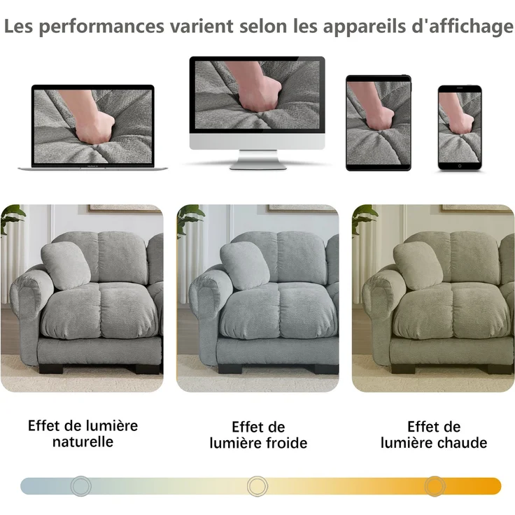 U-förmiges 2-Sitzer-Sofa mit beweglichen Hockerelementen, gesteppter Chenillebezug und dicke Polster, Wohnlandschaft für Wohnzimmer, Hellgrau – Bild 2