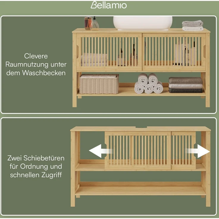 Bellamio 'Sava' Waschbeckenunterschrank, Bambus, natur, Badezimmerschrank mit 2 Ablagefächern und Schiebetüren – Bild 5