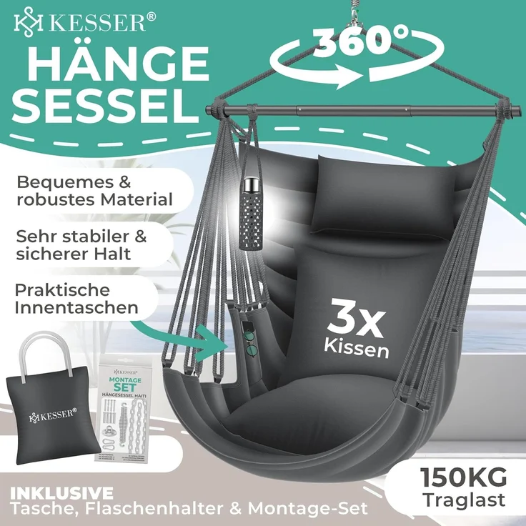 KESSER® Hängesessel Haiti 150kg Traglast, Hängestuhl 360° Drehung, Hängeschaukel Indoor-Outdoor UV-beständig & Wasserfest, Pflegeleicht, Inkl. 2 Kissen, Tragetasche, Flaschenhalter & Montage-Set Anthrazit / Anthrazit – Bild 2