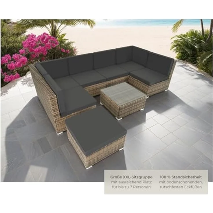 tectake XXL Polyrattan Lounge, Gartenmöbel Set, Sitzgruppe, Balkon Möbel mit 6 Sitze 1 Tisch 1 Hocker, inkl. Sitzkissen, Gartenlounge Outdoor, wetterfest, für Garten, Balkon, Terrasse - Natur – Bild 5