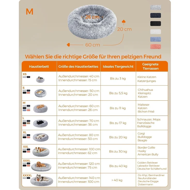 Feandrea Hundebett flauschig, Katzenbett, Donut Kissen, waschbar, Polsterung in der Mitte herausnehmbar, langer Plüsch, 60 cm Durchmesser, Ombré-Grau – Bild 4