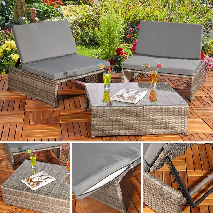 Gartenmöbelset Sessel Tisch Sitzgruppe Polyrattan Essgruppe grau/schwarz – Bild 5