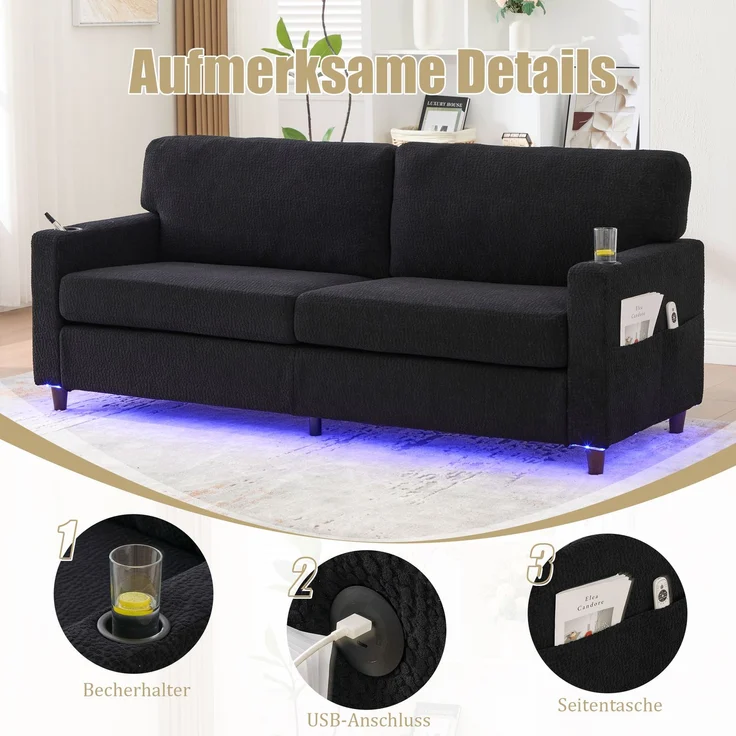 LVHOM 2-Sitzer Sofa mit USB&LED, Zweier Polstersofa Chenille Bezug, Loveseat mit Getränkehaltern, Doppelsofa Stoffsofa Loungesofa, Schwarz – Bild 3