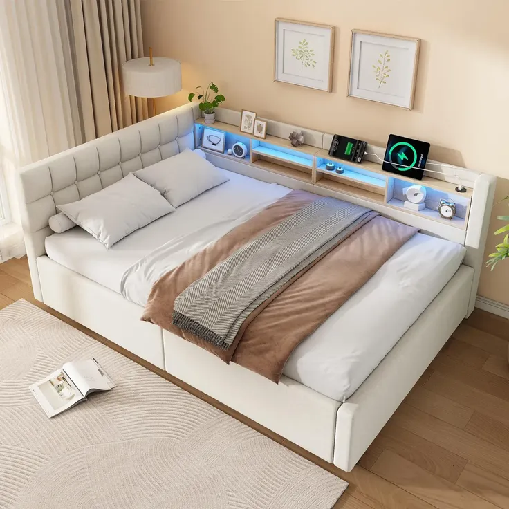 Polsterbett mit LED-Streifen, Lattenrost, Regal, Aufbewahrung, Type-C und USB, gepolsterter Kopfteil, 140x200 cm, Schlafsofa, Tagesbett, Leinen – Bild 2