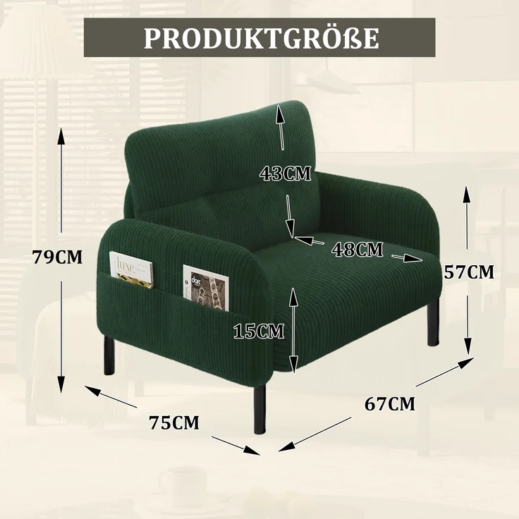 LVHOM Sessel mit Seitentaschen, Relaxsessel Cordstoff, Polstersessel Lehnstuhl Wohnzimmersessel mit Metallbeine – Bild 2
