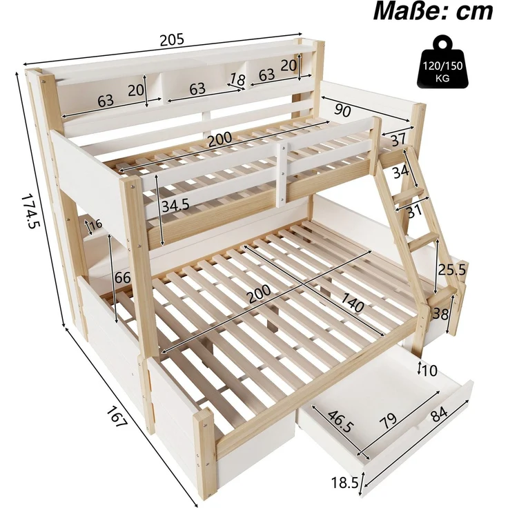 Etagenbett mit 2 Liegeflächen, LED-Beleuchtung, Schubladen, Regal, Rausfallschutz, Lattenrost, 90x200cm/140x200cm, Kinderbett, Massivholz – Bild 8