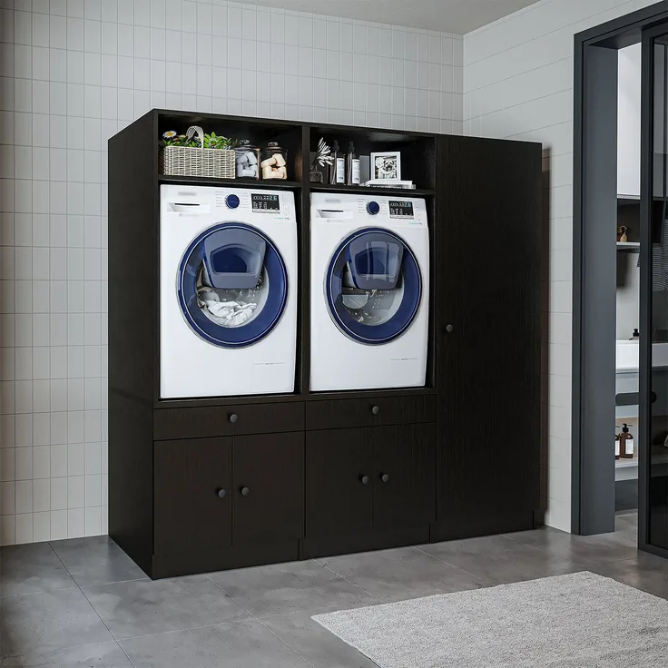 Roomart Schrankwand für Waschküche & Hauswirtschaftsraum - SERIE 1 - 194 cm breit, mit Ausziehbrett & Stauraum, Waschmaschinen-Schrankkombination • Schwarz-Eiche