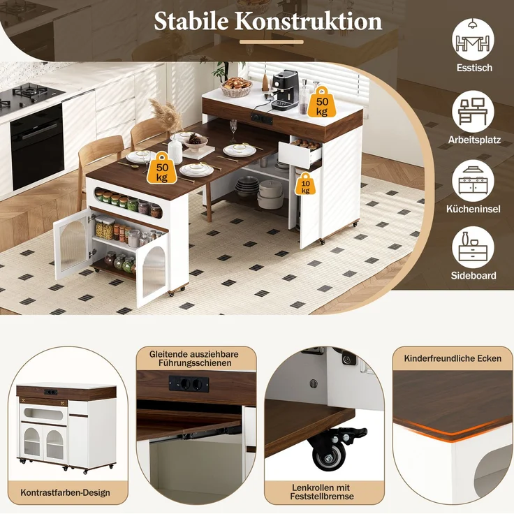Kücheninsel aus MDF mit ausziehbarer Tischplatte, H 95,5 x T 110,5 x B 50,5 cm, Weiß/Walnuss – Bild 7