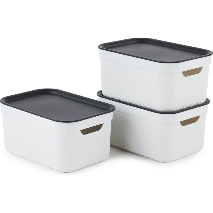 Jive Dekobox 3er-Set Aufbewahrungsbox 5l mit Deckel, Kunststoff (PP recycelt), weiss/anthrazit, 3x5l (26.5 x 18.5 x 13.2 cm)