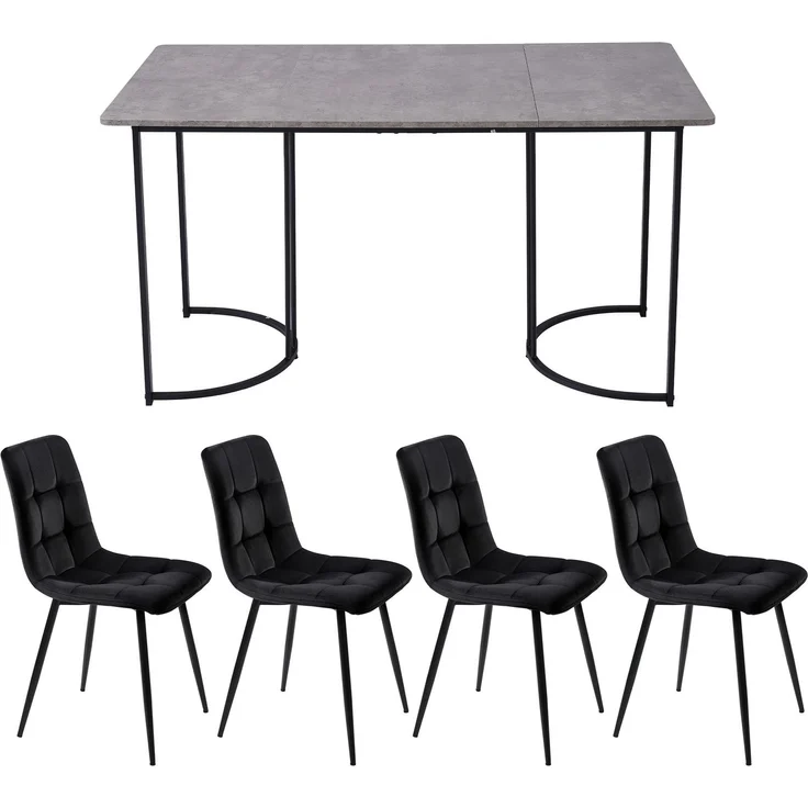Merax Essgruppe (5-tlg), Esstisch mit 4 Stühlen Set, Moderner Küchentisch Set , 140×80cm Küchentisch mit Schwarz Metallbeinen, MDF Tischplatte in Grau, Schwarz Samt Esszimmerstühle – Bild 10