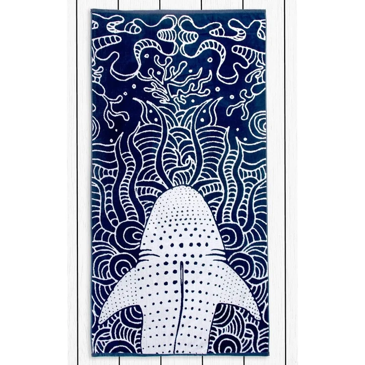 DecoKing Strandtuch groß 90x180 cm Baumwolle Frottee Velours Badetuch dunkelblau Marineblau blau weiß Haifisch Shark – Bild 1