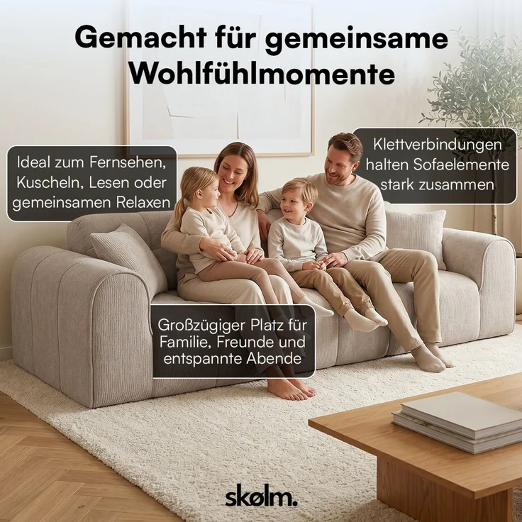 skølm 'Vanaheim' Sofa 3 Sitzer mit 2 Kissen, Cloud Sofa beige, Chenille-Stoff, Vollschaumcouch mit Federkern und Vakuum-Kompression, kein Aufbau erforderlich – Bild 4