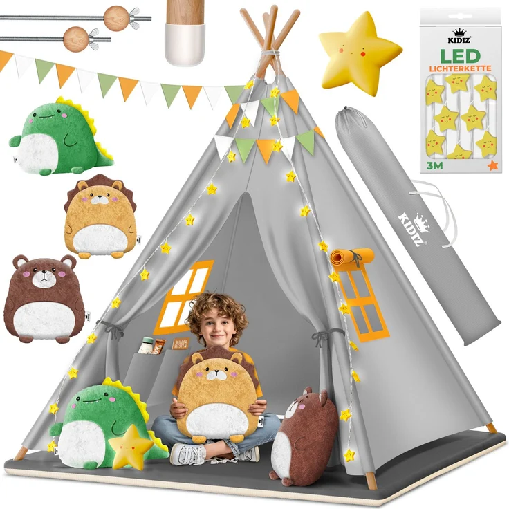 KIDIZ® Tipi Zelt für Kinder Spielzelt 100 x 100 x 160 cm Kinderzelt aus Baumwolle mit LED-Lichterkette, Leuchtstern, Fahnengirlande, 3 Plüschtiere, Untermatte & Tragetasche Spielhaus für drinnen & draußen Grau