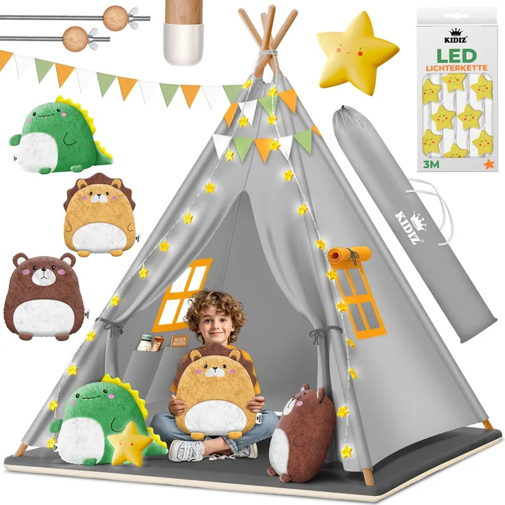 KIDIZ® Tipi Zelt für Kinder Spielzelt 100 x 100 x 160 cm Kinderzelt aus Baumwolle mit LED-Lichterkette, Leuchtstern, Fahnengirlande, 3 Plüschtiere, Untermatte & Tragetasche Spielhaus für drinnen & draußen Grau