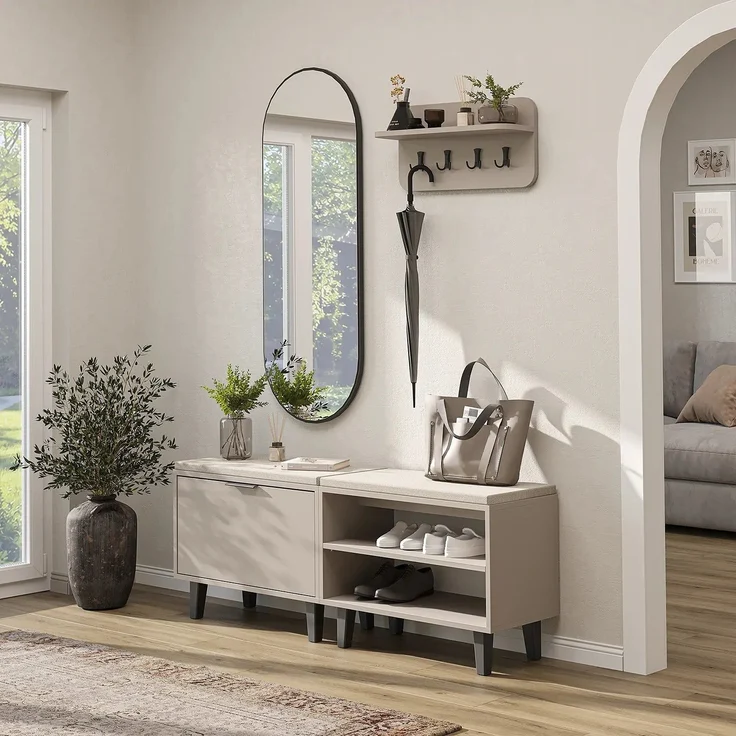 Roomart NORD Garderobenset 4-teilig – Sitzbank offen & mit Schuhklappe, Wandgarderobe & ovaler Spiegel – Flurgarderobe – H 53 x B 73.6 x T 35 cm (Sitzbank) • Beige – Bild 1