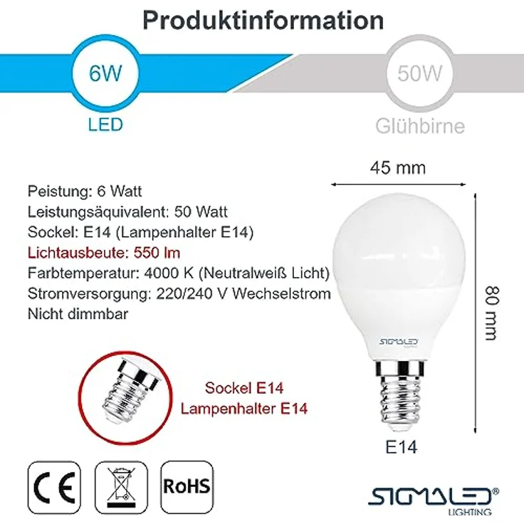 Sigmaled lighting, LED-Glühbirne E14-Sockel 6W (entspricht 50W), 550 Lumen, Neutralweißes Licht (4000K), kleine Kugel LED-Leuchtmittel G45 P45, 6er-Pack – Bild 2