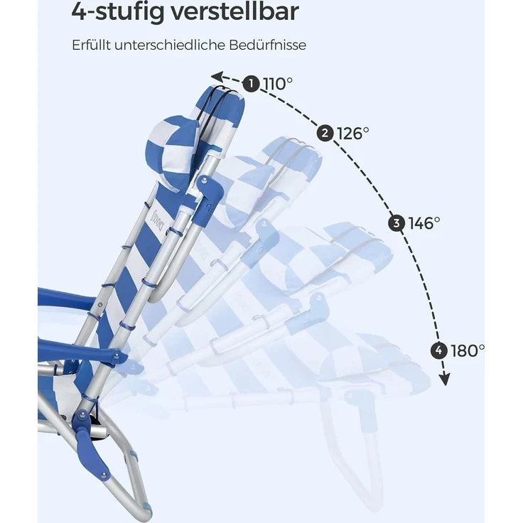 SONGMICS Strandstuhl, faltbar mit Schultergurt, verstellbarer Rückenlehne & Kopfstütze, Blau / Weiß – Bild 2