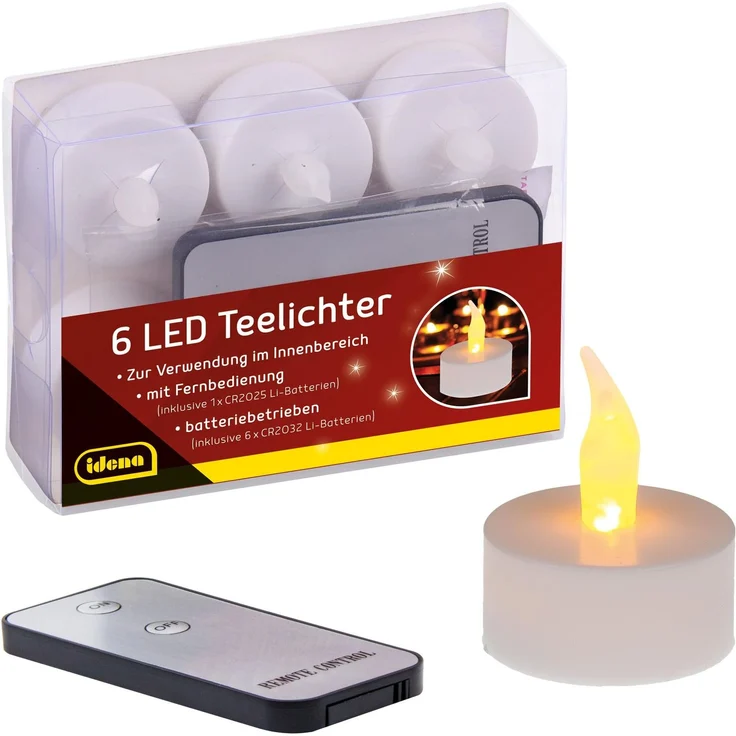 Idena 38204 - LED Teelichter, 6 Stück, elektrische Kerzen mit flackerndem Licht, mit Fernbedienung, inklusive Batterien, Deko für Hochzeit, Party, Weihnachten, Ostern, als Stimmungslicht