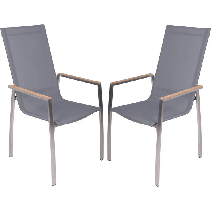 Stapelstuhl PAVIA 2er Set: Eleganter Stahlstuhl mit Teakholz-Armlehnen