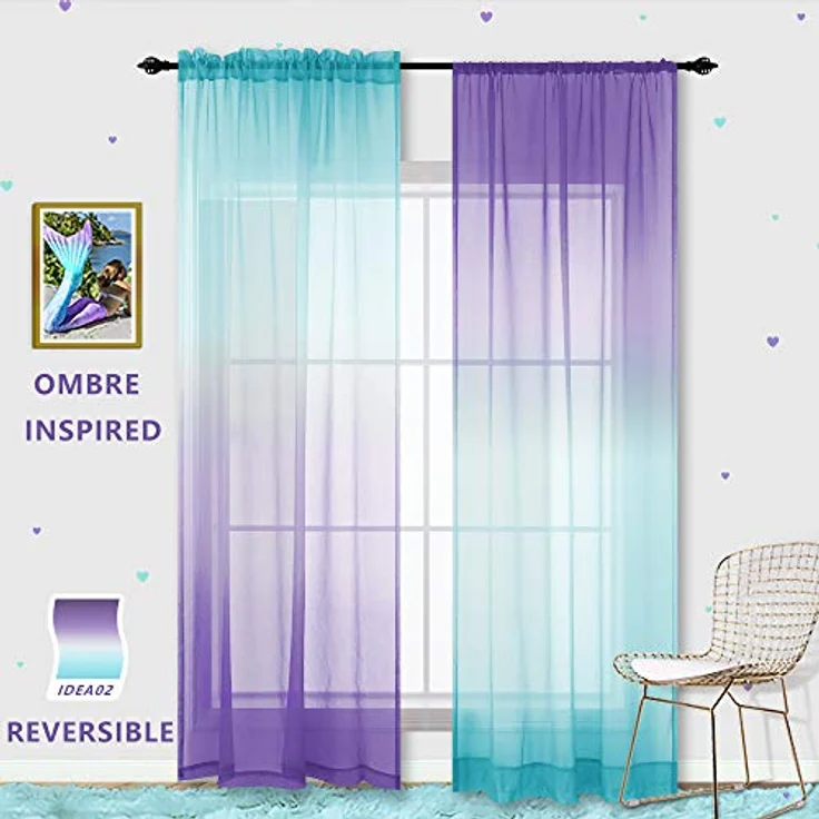 KOUFALL Violette Vorhänge für Schlafzimmer, Mädchenzimmer, Meerjungfrauen-Ombré-Optik, durchscheinende Kindervorhänge für Kinderzimmer, Baby, 2-teiliges Set, helles Lavendel und Blaugrün, 213 cm lang – Bild 4