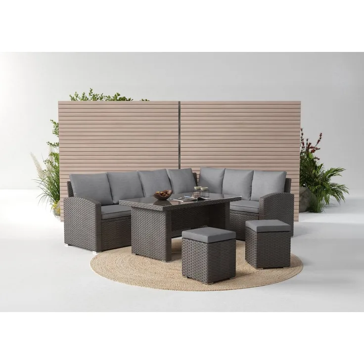 KONIFERA Gartenlounge-Set London, (Set, 17-tlg, 2x3er Sofa, 2x Hocker, 1x Tisch 140x80x66cm, inkl. Auflagen), inkl. Schutzhülle, Aluminium, Polyrattan