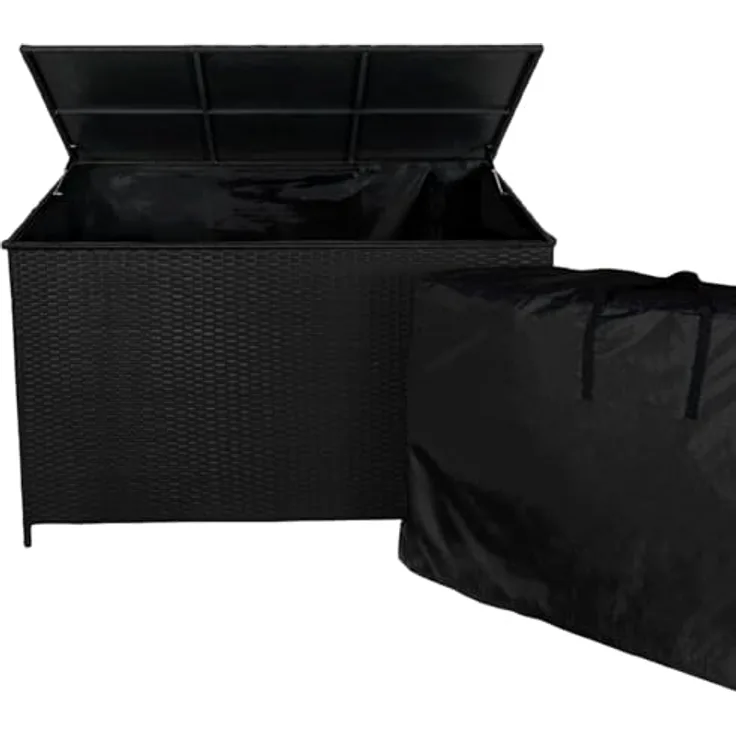 Monstershop Kissenbox, Rattan mit pulverbeschichtetem Stahlrahmen, Schwarz, 582 Liter Stauraum, gasunterstützter Deckelhebemechanismus