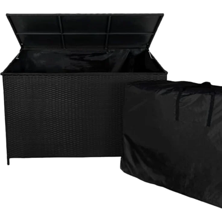 Monstershop Kissenbox, Rattan mit pulverbeschichtetem Stahlrahmen, Schwarz, 582 Liter Stauraum, gasunterstützter Deckelhebemechanismus – Bild 1