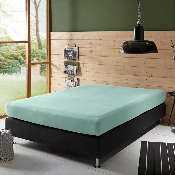 Erwin Müller 'Freising' Spannbettlaken, Gummizug: Rundumgummi, 1 Stück, Elasthan-Jersey-Stretch Uni, Jade, Boxspringbett - 90x190 cm - 100x220 cm – Bild 3