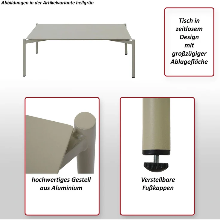 Aluminium-Gartentisch HWC-O11, Outdoor Loungetisch Kaffetisch Tisch Balkontisch, 105x65cm ~ hellgrün – Bild 2