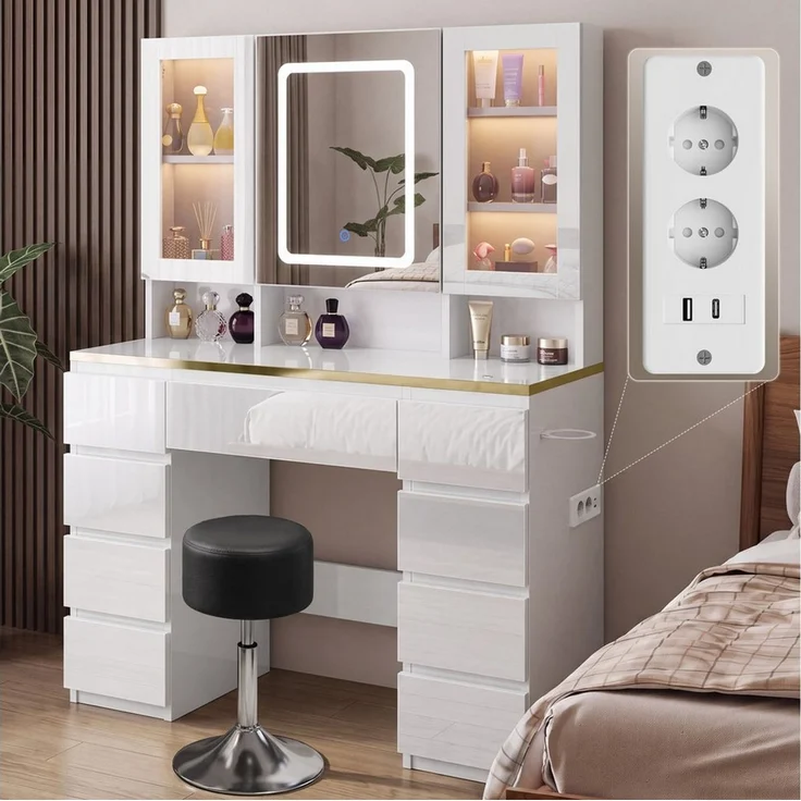 HOMALL Schminktisch LED-Schminktisch mit Spiegel, 108 cm breit, Hocker-Set optional (Gesamtmaße: 108 × 40 × 146 cm, mit 9 Schubladen, 3 offenen Ablagefächern, 2 Vitrinen mit LED-Beleuchtung, Spiegelschrank mit Stauraum, Steckdose, Föhnhalter, Schminkti... – Bild 3
