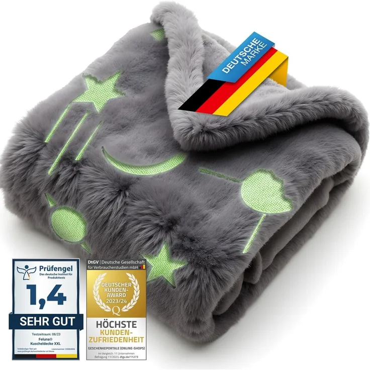 Wohndecke Kuscheldecke mit leuchtenden Sternen, Feluna, Kinder Plüschdecke Tages-Decke