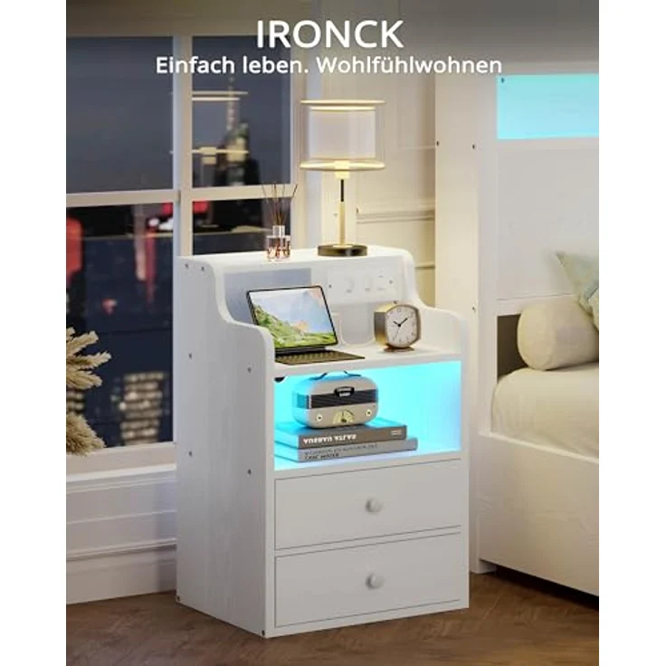 IRONCK Nachttisch LED mit Steckdose und Ladefunktion, Beistelltisch Holz, Nachtschrank mit 2 AC, 1 USB& 1 Type-C Anschlüsse, Sofatisch mit 2 Schubladen, Nachtkästchen Wohnzimmer,Schlafzimmer, Weiß – Bild 4
