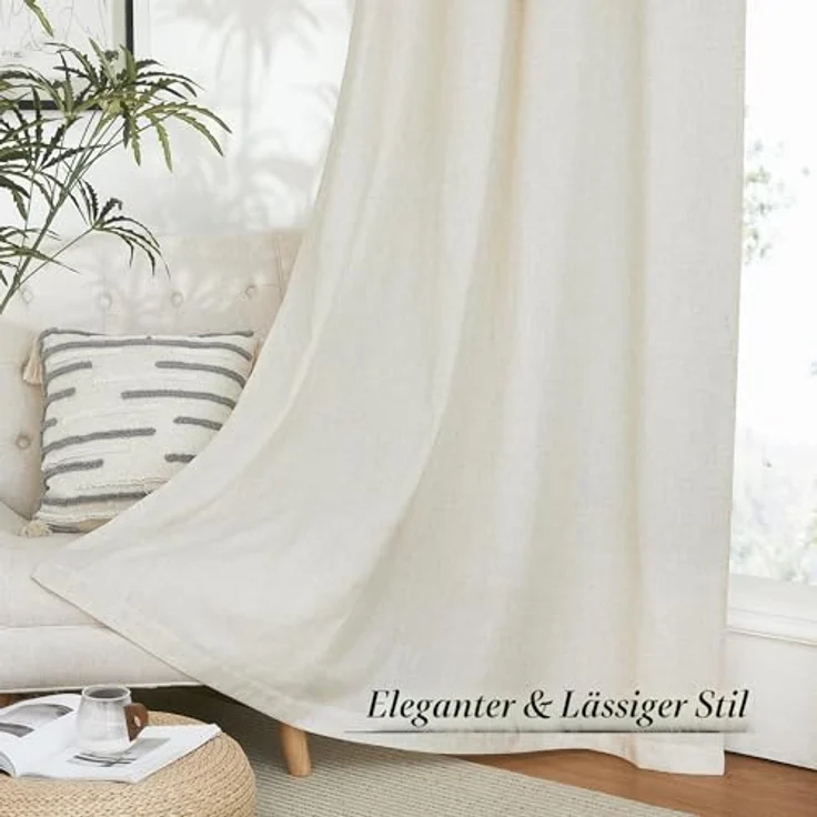 PONY DANCE Kurze Gardinen Halbtransparent Vorhang Leinen Natur H 160 x B 140 cm Leinenoptik Vorhänge mit Kräuselband 2er Set Wohnzimmer Gardinen Leinenoptik Boho Gardine Leinen Beige – Bild 8