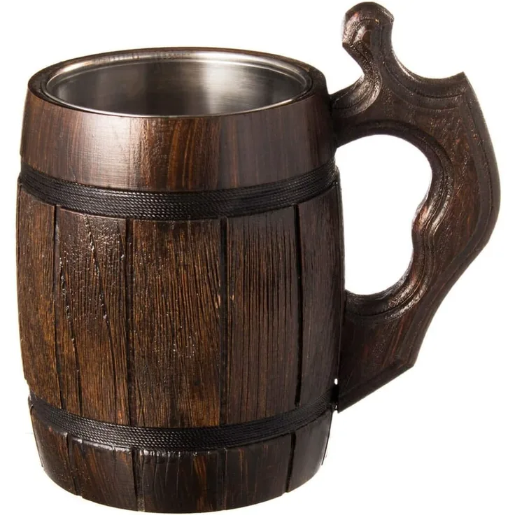 MyFancyCraft Handgefertigte Bierkrug Holz Eiche Edelstahlschale Geschenk Fass Runden Braun