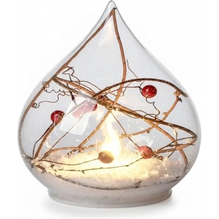 formano LED Dekokugel Weihnachten Tropfenform 13 cm Glaskugel mit Schnee Beeren & Zweigen – Deko mit Timer & LED-Flamme – batteriebetrieben – winterliche Weihnachtsdeko für Zuhause & Geschenke