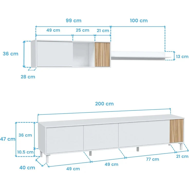 Habitdesign, Wohnzimmermöbel mit großem Stauraum, 5 Drehtüren und 1 Klapptür, in Artik weiß und Natur, moderner Stil für Esszimmer, Maße: 200 x 47 x 40 cm (B x H x T), Modell Ethna – Bild 8