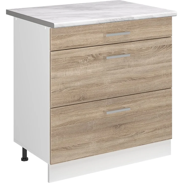 Küchenunterschrank R-Line Sonoma/Weiß 80 cm mit 3 Schubladen Arbeitsplatte Marmor Vicco – Bild 1