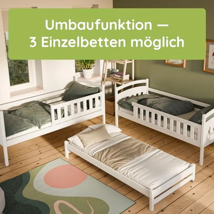 Kids Collective Etagenbett Hochbett Kinderbett 90x200 cm mit Lattenrost und Rausfallschutz, mit Ausziehbett, zwei Schubladen und drei Matratzen, natur – Bild 6
