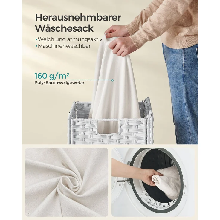 Songmics Wäschekorb handgeflochten, Rattan Weiß, 90L 46 x 33 x 60 cm – Bild 4
