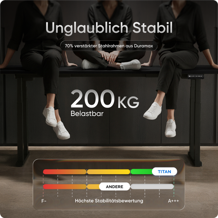 DESKSPACE Höhenverstellbarer Schreibtisch elektrisch mit leisem Dual-Motor – stabiles 4-Bein-Gestell (Schwarzes Gestell, Schwarz Tischplatte, 200×80 cm) – Bild 3