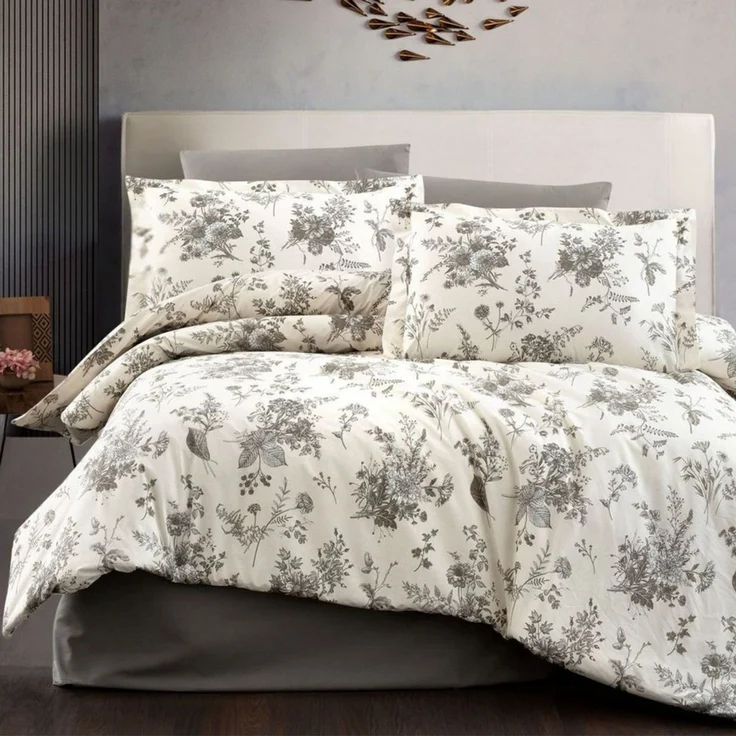 ZIRVEHOME Bettwäsche Baumwolle Bettwäsche-Set Beige Bettbezug Schwarz geblümt Evla V1, Renforce, 4 teilig, Baumwolle Bettbezug Beige mit Blumenmuster in Schwarztönen – Bild 1