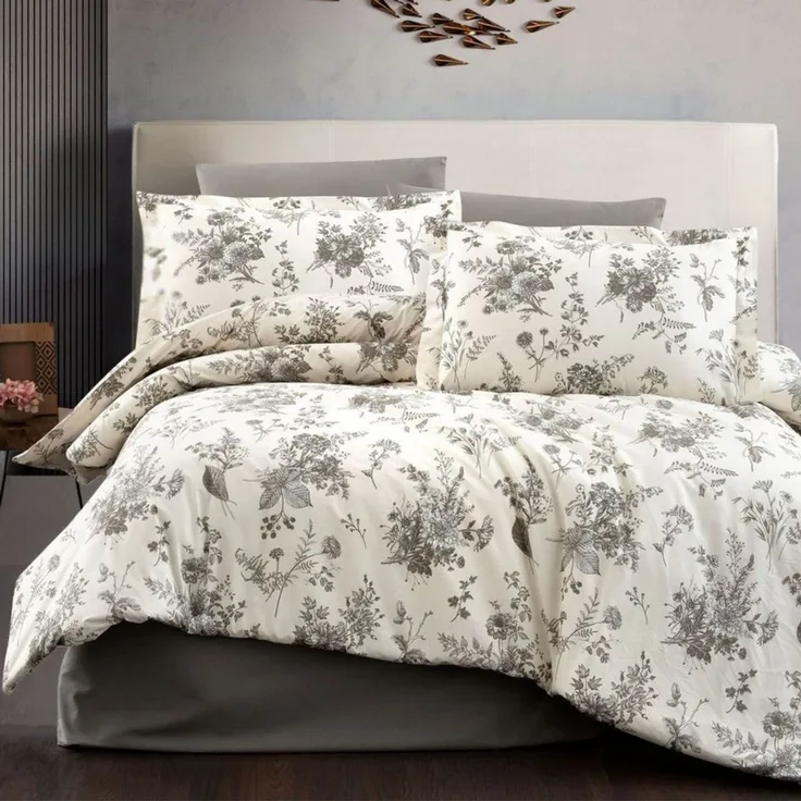 ZIRVEHOME Bettwäsche Baumwolle Bettwäsche-Set Beige Bettbezug Schwarz geblümt Evla V1, Renforce, 4 teilig, Baumwolle Bettbezug Beige mit Blumenmuster in Schwarztönen