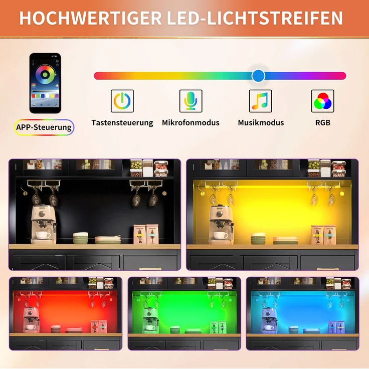 Buffetschrank aus MDF mit LED-Lichtleiste, 105,5x40x180 cm, Schwarz – Bild 7
