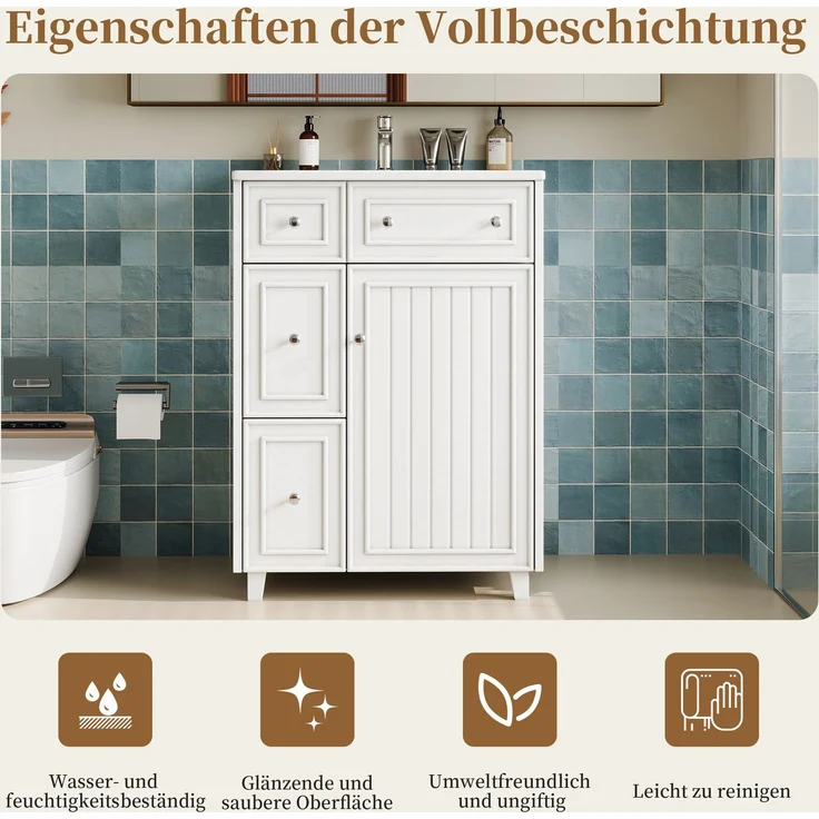 Freistehender Waschtisch 61 x 47 x 87 cm aus MDF, weiß lackiert, mit Keramikbecken – Bild 6