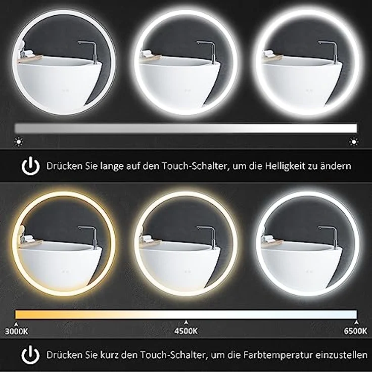 Kleankin Spiegel Badezimmerspiegel, Badspiegel mit LED Beleuchtung (60 cm Leuchtspiegel mit Touch-Funktion, 1-St, Memory-Funktion), Wandspiegel mit Alurahmen – Bild 5